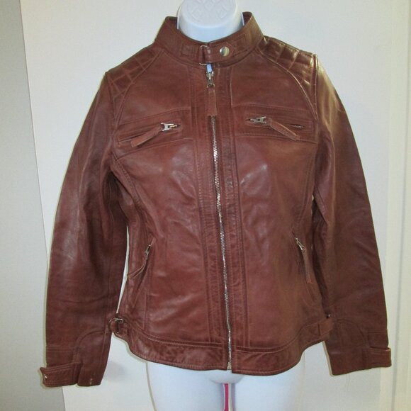 Cognac Leather Biker Style Jacket - Quilted Shoulder Sz S - Picture 2 of 12